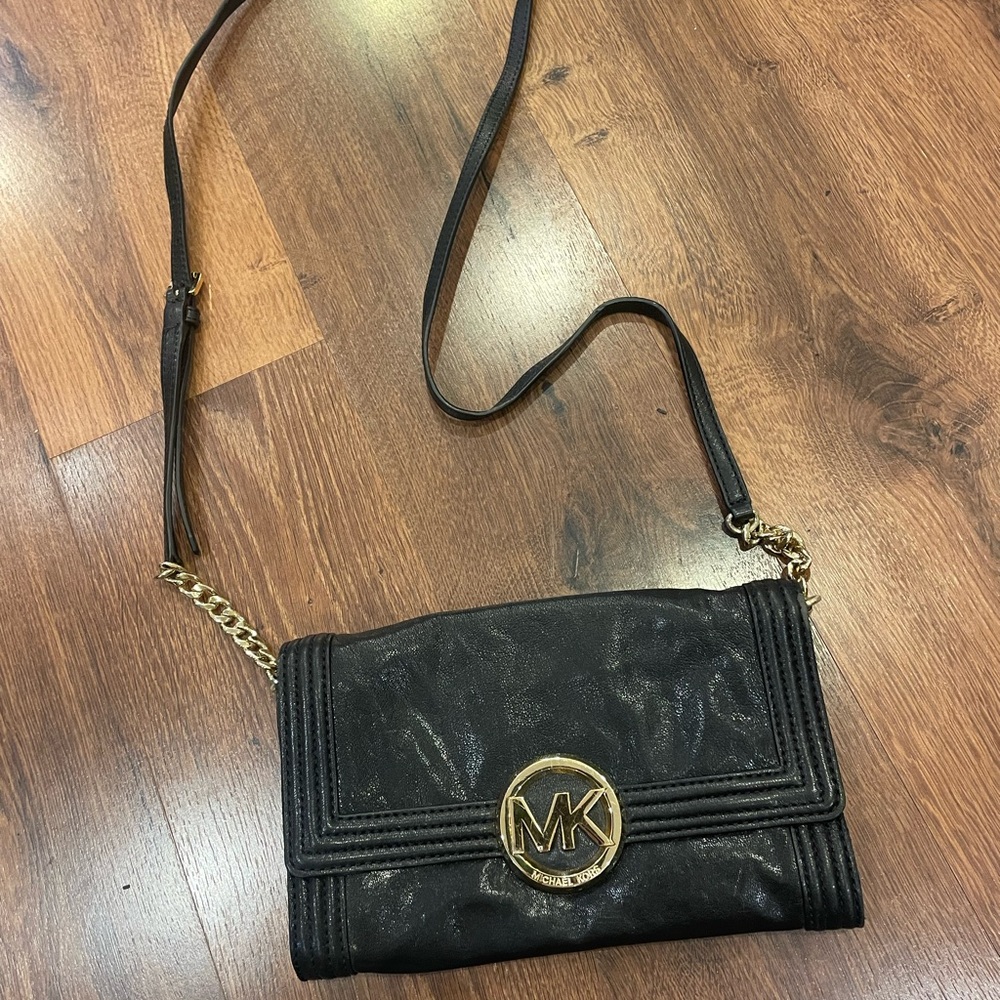 Michael Kors Shimmering Black Crossbody Bag with Gold Accents
